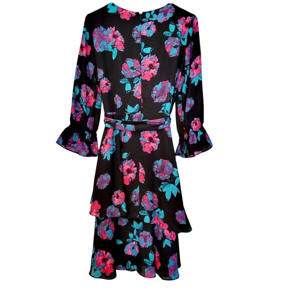 Tahari Arthur S Levine ASL Black Multicolor Floral Print Pleated AOP Dress Sz 6 - Picture 2 of 9